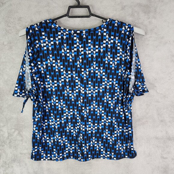 Women's Chaus New York Geometric Print Top Blouse Round Neck Cold Sleeve Tie M - Picture 7 of 10